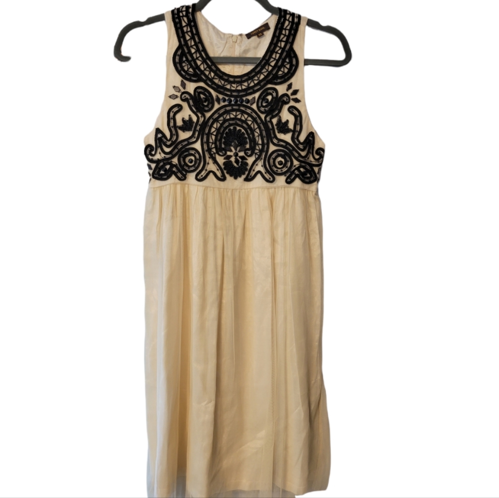 Anthropologie Vineet Bahl Ivory Black Beaded Embellished Tulle Dress Size XS